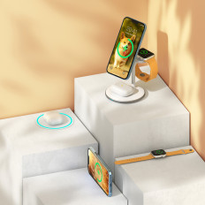 Trådlös induktionslastare med ett iPhone-stativ Apple Titta på airpods vita