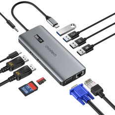 Többfunkciós hub adapter USB-C USB-A kijelzővel VGA AUX SD TF 12W1 szürke