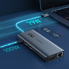 Multifunkčný adaptér HUB s USB-C USB-A Display VGA AUX SD TF 12W1 GRAY