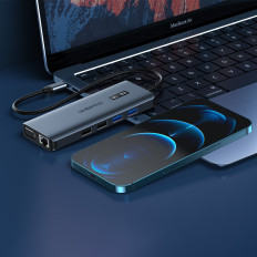 Multifunkčný adaptér HUB s USB-C USB-A Display VGA AUX SD TF 12W1 GRAY