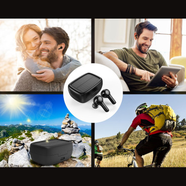 Fones de ouvido sem fio TWS com carregador solar preto