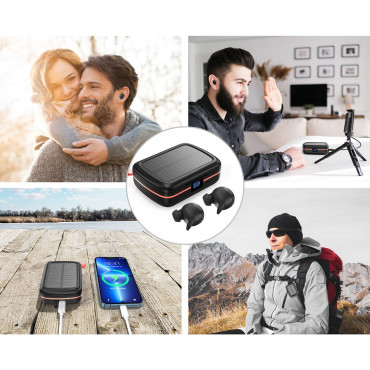 Auriculares inalámbricos TWS impermeable con cargador solar y PowerBank 2500mAh negro