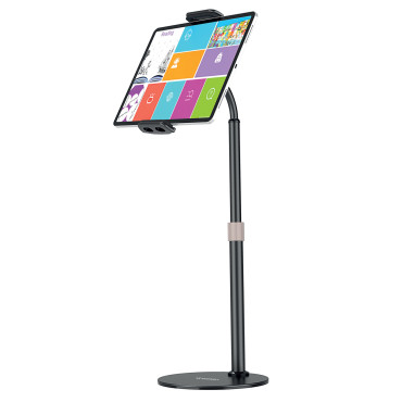 Stojalo za tableto in tablični telefon na črni mizi