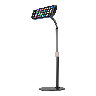 Stojalo za tableto in tablični telefon na črni mizi
