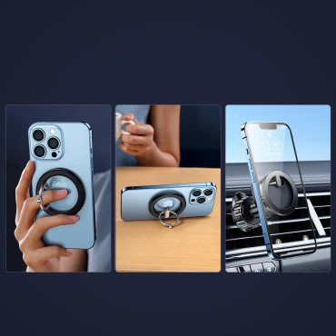 Car holder is a magnetic telephnic ring. Black stand