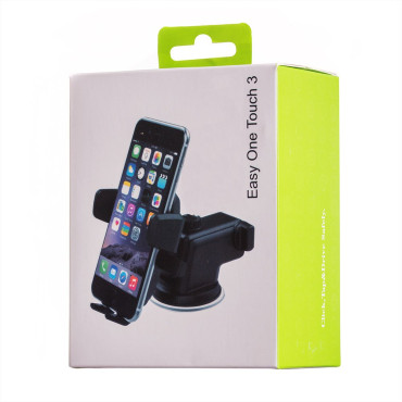Telescopic adjustable car handle on the phone on a dashboard. Black glass