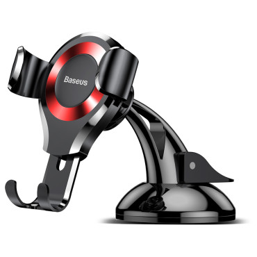 Suporte de carro gravitacional para o telefone em uma janela com uma placa de distribuição. Vermelho oscculum