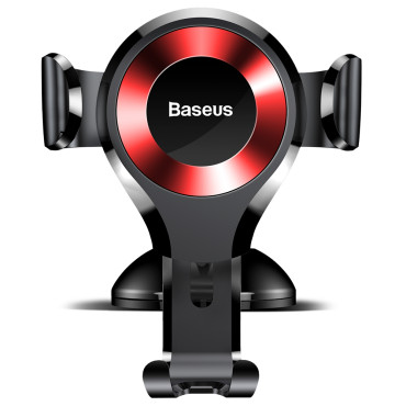 Suporte de carro gravitacional para o telefone em uma janela com uma placa de distribuição. Vermelho oscculum
