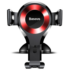 Suporte de carro gravitacional para o telefone em uma janela com uma placa de distribuição. Vermelho oscculum