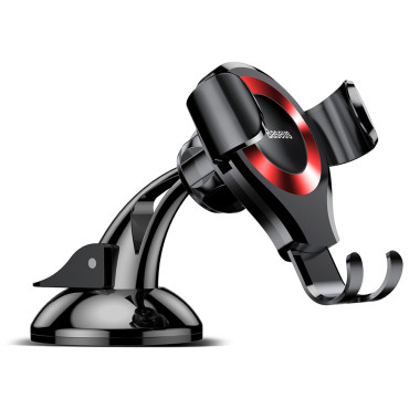 Suporte de carro gravitacional para o telefone em uma janela com uma placa de distribuição. Vermelho oscculum