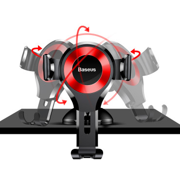 Suporte de carro gravitacional para o telefone em uma janela com uma placa de distribuição. Vermelho oscculum