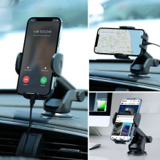 Auto tālruņa turētājs ar teleskopisko roku uz paneļa un melnā stikla
