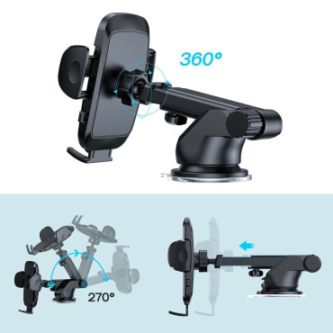 Car phone holder with telescopic arm on the dashboard and black glass