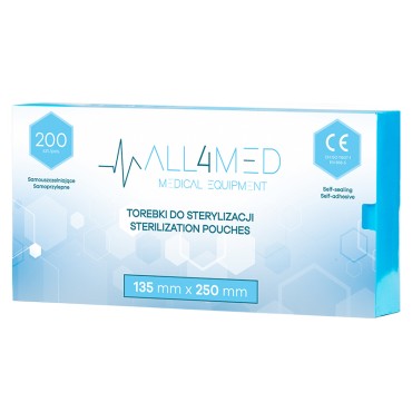 All4med avtoklavne vrečke 135mm x 250mm, 200 kosov — embalaža