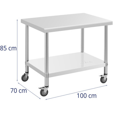 Mesa de metal gastronômico em rodas com uma prateleira de aço 70 x 100 cm