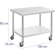 Mesa de metal gastronômico em rodas com uma prateleira de aço 70 x 100 cm