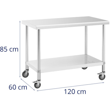 Mesa de metal gastronômico em rodas com um aço de prateleira 60 x 120 cm
