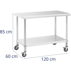 Mesa de metal gastronômico em rodas com um aço de prateleira 60 x 120 cm