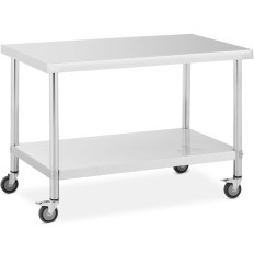 Tabela de metal gastronomia nas rodas com uma prateleira. Aço 70 x 120 cm
