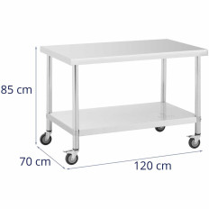 Gastronomijos metalo stalas ant ratų su lentyna. Plienas 70 x 120 cm