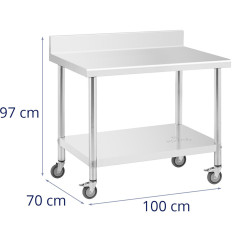 Tabela de metal gastronômico em rodas com prateleira e aço de rand 70 x 100 cm