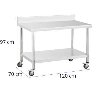 Gastronomiskt metallbord på hjul med hyllan och rackstål 70 x 120 cm