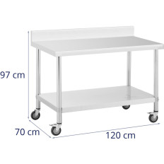 Gastronomiskt metallbord på hjul med hyllan och rackstål 70 x 120 cm