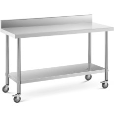 Table métallique gastronomique sur roues avec étagère et rack en acier 60 x 150 cm