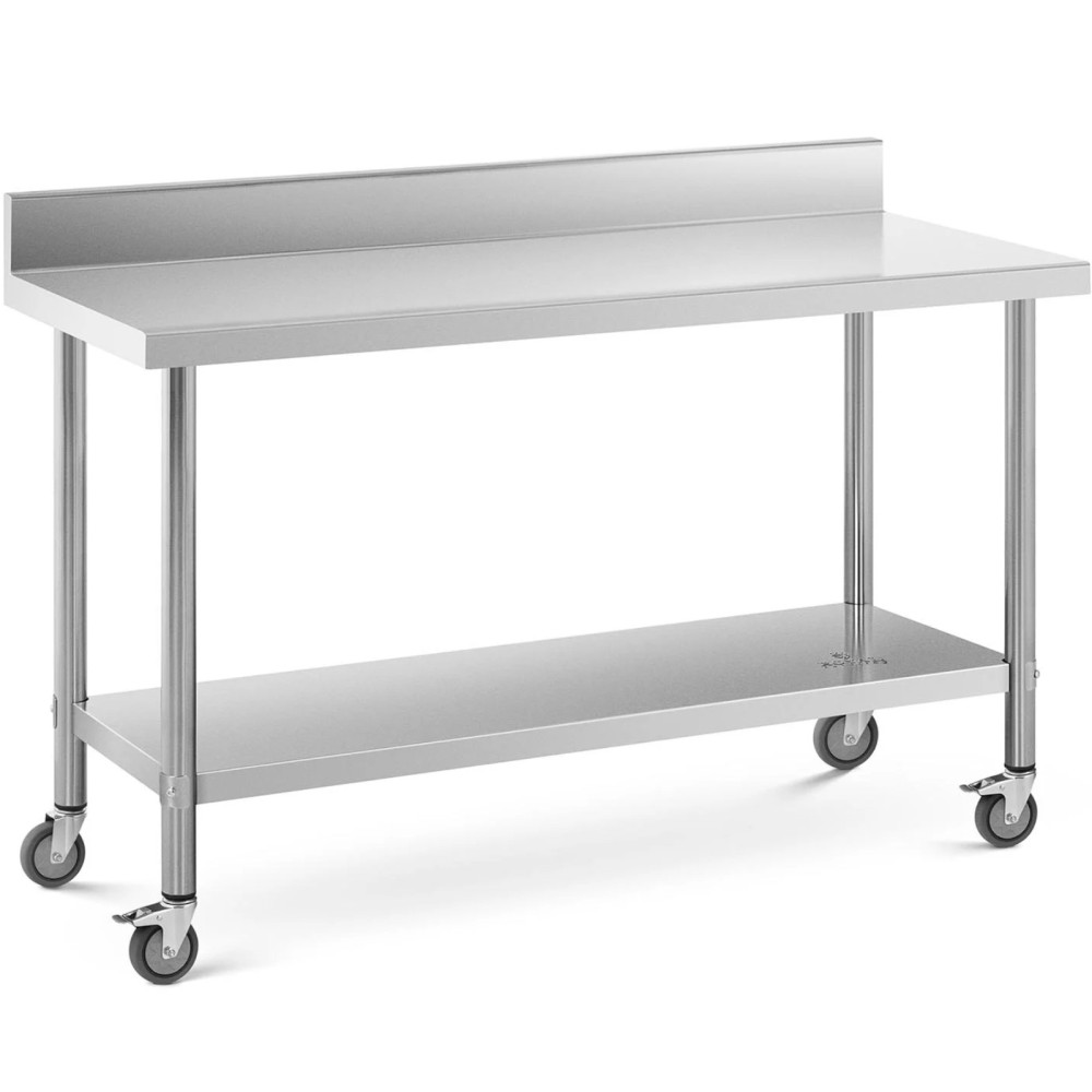 Mesa metálica gastronómica sobre ruedas con estante y rack acero 60 x 150 cm