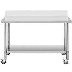 Gastronomische metalen tafel op wielen met plank en rekstaal 60 x 150 cm