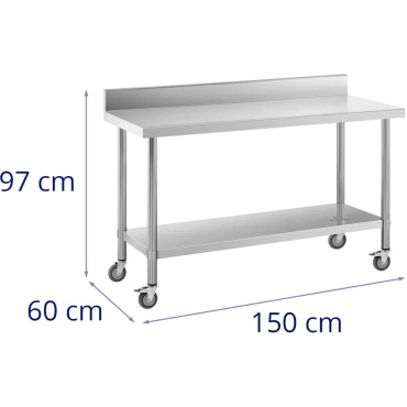 Tabela de metal gastronômico em rodas com prateleira e aço de cremalheira 60 x 150 cm