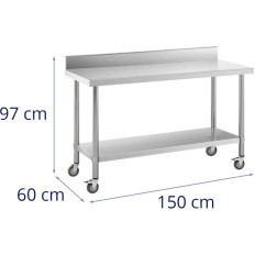 Gastronomický kovový stôl na kolesách s poličkou a regálou oceľou 60 x 150 cm