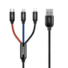 Izturīgs 3in1 USB kabelis Malcousb iPhone Zibens USB-C 3.5A 1.2m melns