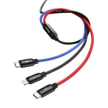 Holdbar 3in1 USB-kabel MicroUSB iPhone Lightning USB-C 3.5A 1.2m svart