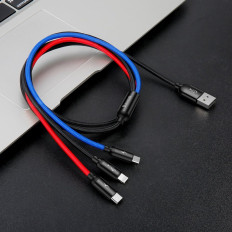 Holdbar 3in1 USB-kabel MicroUSB iPhone Lightning USB-C 3.5A 1.2m svart