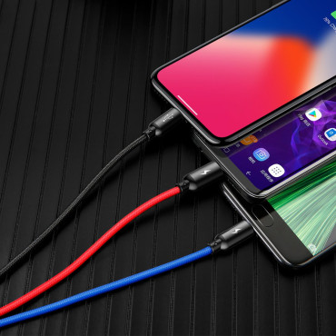 Holdbar 3in1 USB-kabel MicroUSB iPhone Lightning USB-C 3.5A 1.2m svart