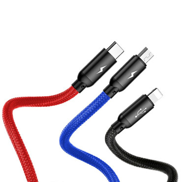 Holdbar 3in1 USB-kabel MicroUSB iPhone Lightning USB-C 3.5A 1.2m svart