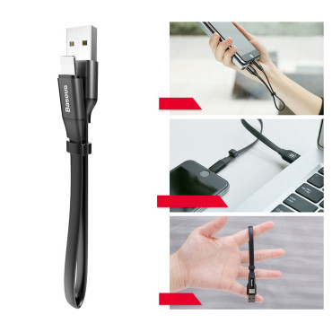 Platt kabel USB iPhone Lightning Cable med handtag 2a 23cm svart