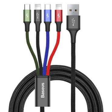 Kábel USB 4W1 2 x iPhone lightning USB-C MicroUSb a nylon 3 3.5a 1.2m fekete