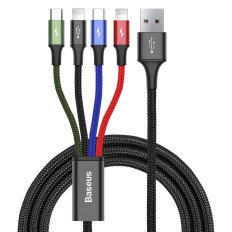 Kabelis USB 4W1 2 x iPhone Zibens USB-C microUSB in neilons 3 3.5A 1.2m Black