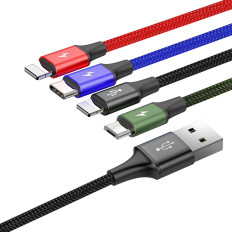 Kabelis USB 4W1 2 x iPhone Zibens USB-C microUSB in neilons 3 3.5A 1.2m Black