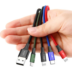 Kabelis USB 4W1 2 x iPhone Zibens USB-C microUSB in neilons 3 3.5A 1.2m Black