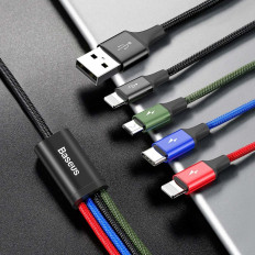 Kabelis USB 4W1 2 x iPhone Zibens USB-C microUSB in neilons 3 3.5A 1.2m Black