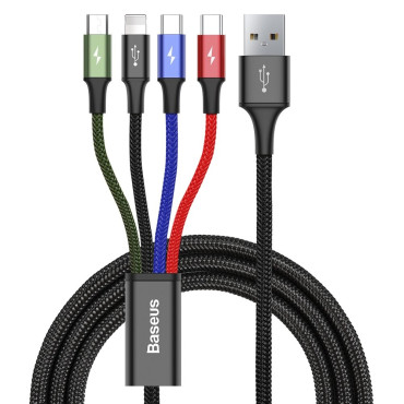 Καλώδιο USB 4W1 καλώδιο iPhone Lightning 2 x Microucb USB-C στο νάιλον 3 3.5a 1.2m μαύρο