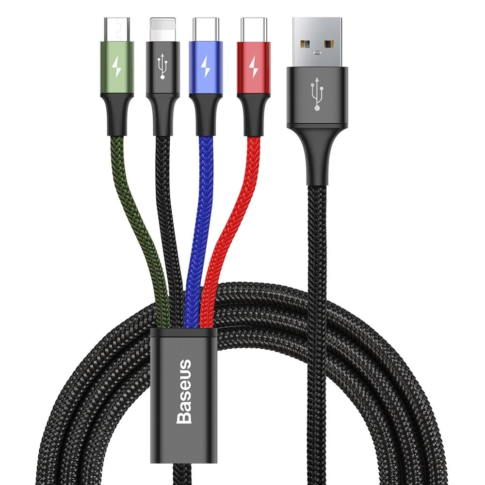 Kabel USB 4W1 Kabel iPhone Lightning 2 x USB-C MicroUSB i nylon 3 3.5A 1.2m svart
