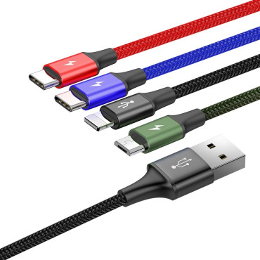 Kabel USB 4W1 Kabel iPhone Lightning 2 x USB-C MicroUSB i nylon 3 3.5A 1.2m svart