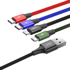 Kabel USB 4W1 Kabel iPhone Lightning 2 x USB-C MicroUSB i nylon 3 3.5A 1.2m svart