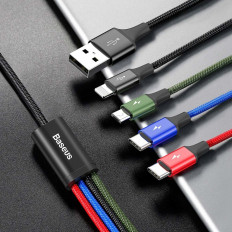 Kabel USB 4W1 Kabel iPhone Lightning 2 x USB-C MicroUSB i nylon 3 3.5A 1.2m svart