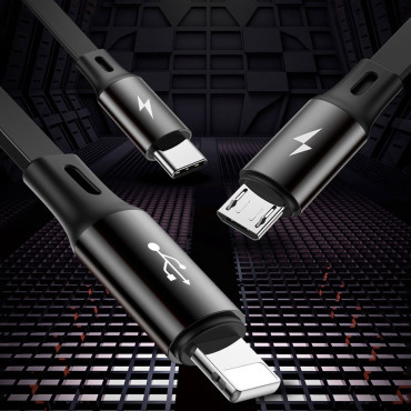 Nosūtītais kabelis 3in1 USB Microusb iPhone Lightning USB-C 3.5A 35cm 120cm melns