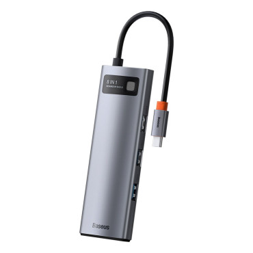 Hub multifuncional 8in1 USB USB-C PD 100W HDMI Leitor de cartão SD e microSD 3x USB 3.2 RJ45 Cinza